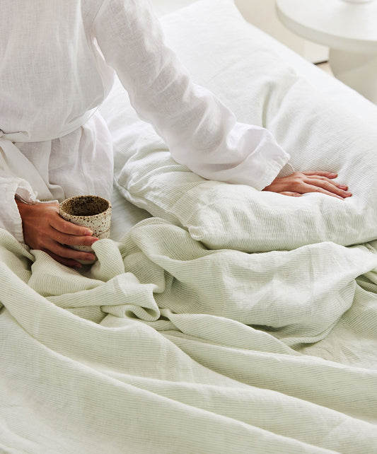 Drap plat en lin avec bordure - Rayures fougère