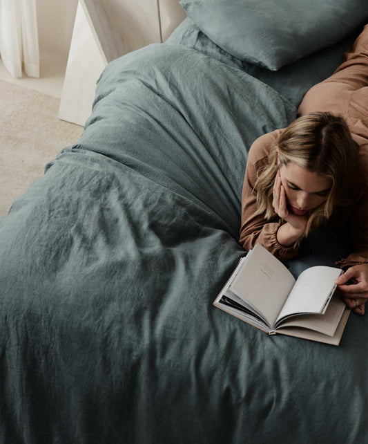 Drap plat en lin avec bordure - Pierre bleue