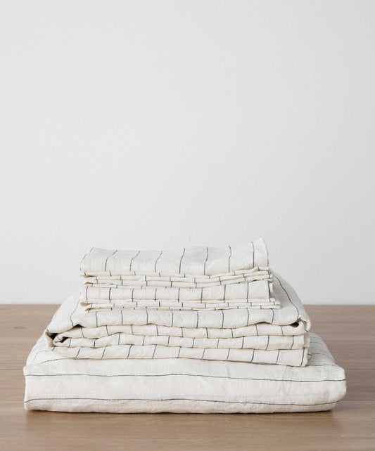 Ensemble de draps en lin avec taies d'oreiller - Rayures fines 