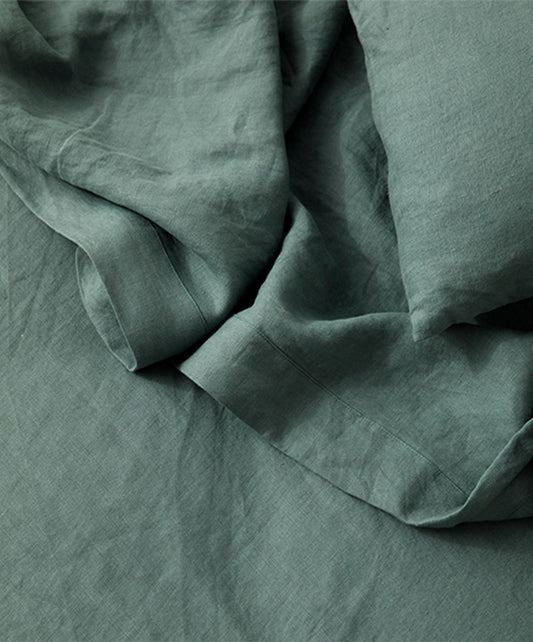 Drap plat en lin avec bordure - Pierre bleue