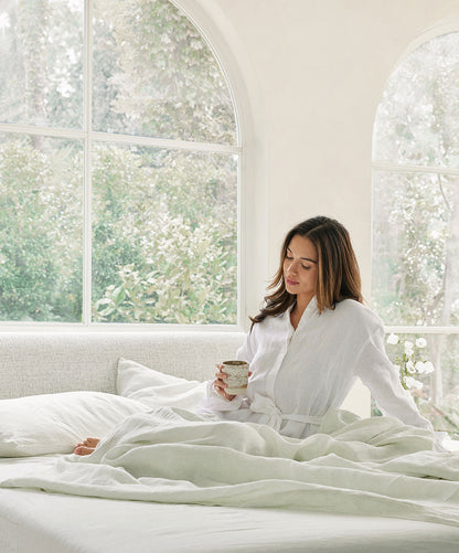 Parure de draps en lin avec taies d'oreiller - Rayures fougère