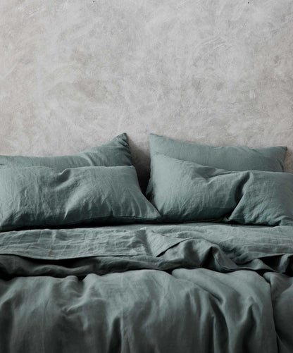 Drap plat en lin avec bordure - Pierre bleue