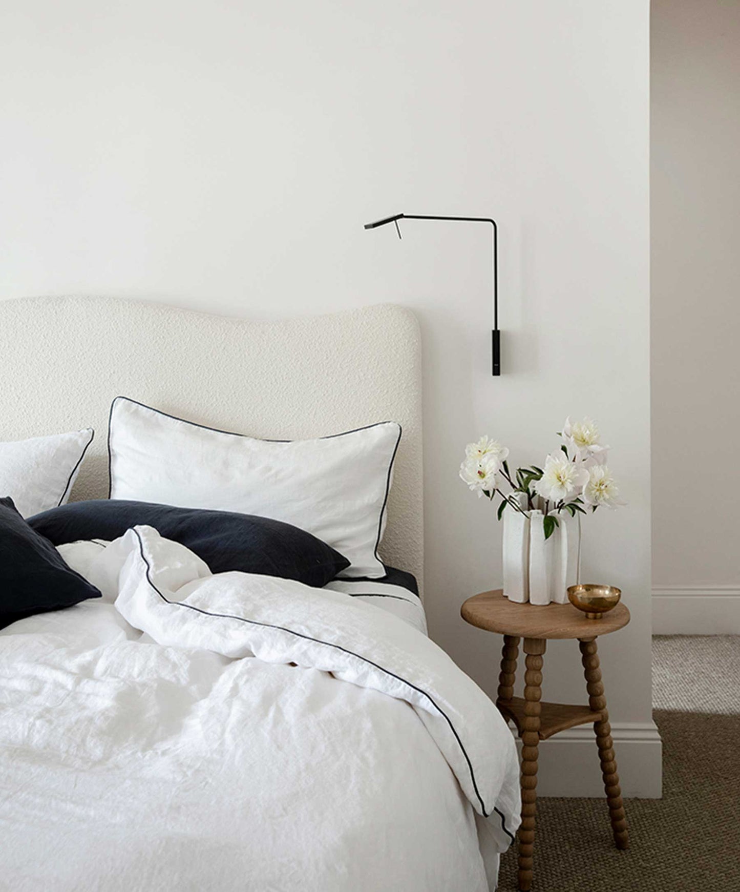 Parure de lit en lin passepoilé - Blanc et bleu marine